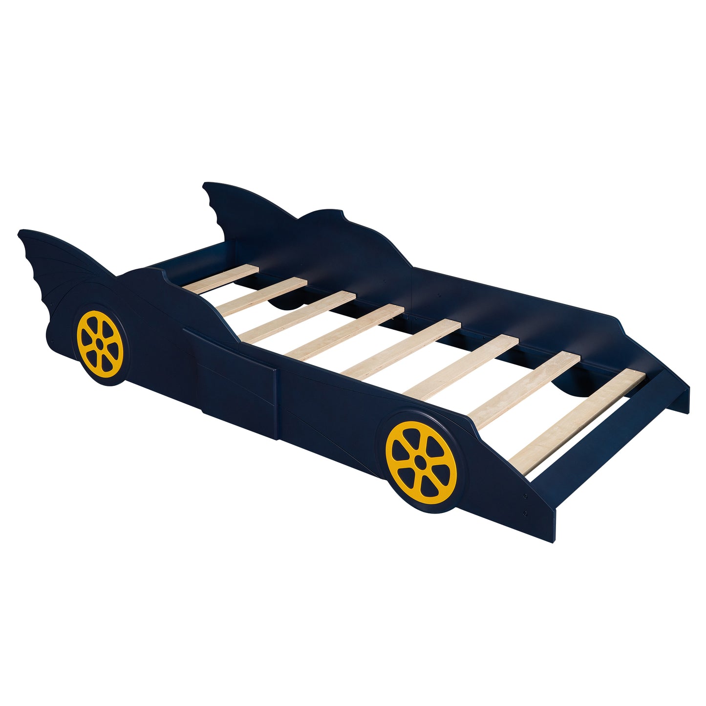 Twin Size Race Car-Shaped Platform Bed with Wheels,Blue+Yellow