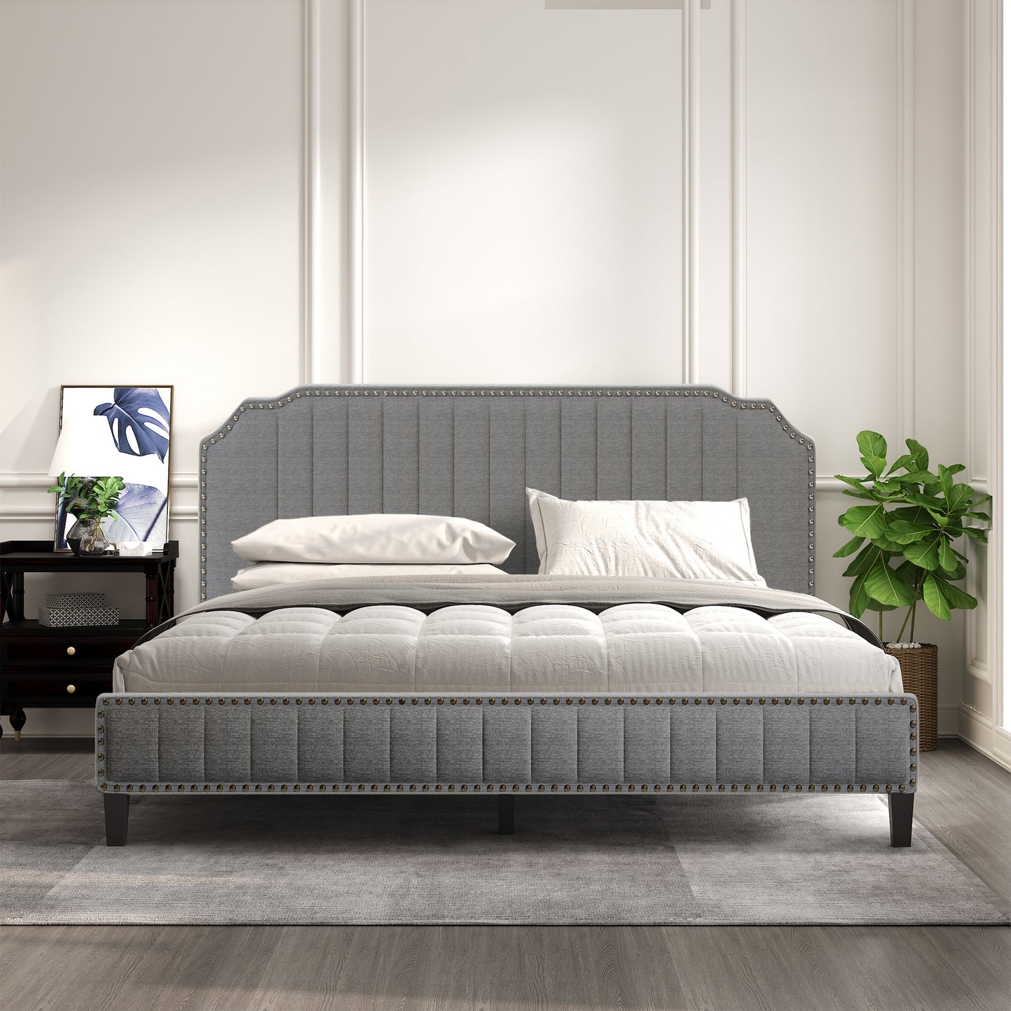 Modern Linen Curved Upholstered Platform Bed , Solid Wood Frame , Nailhead Trim (King)