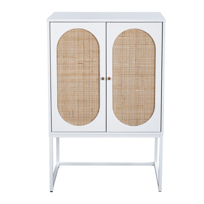 Natural Rattan 2 Door high cabinet，Built-in adjustable shelf，Easy Assembly，Free Standing Cabinet for Living Room Bedroom