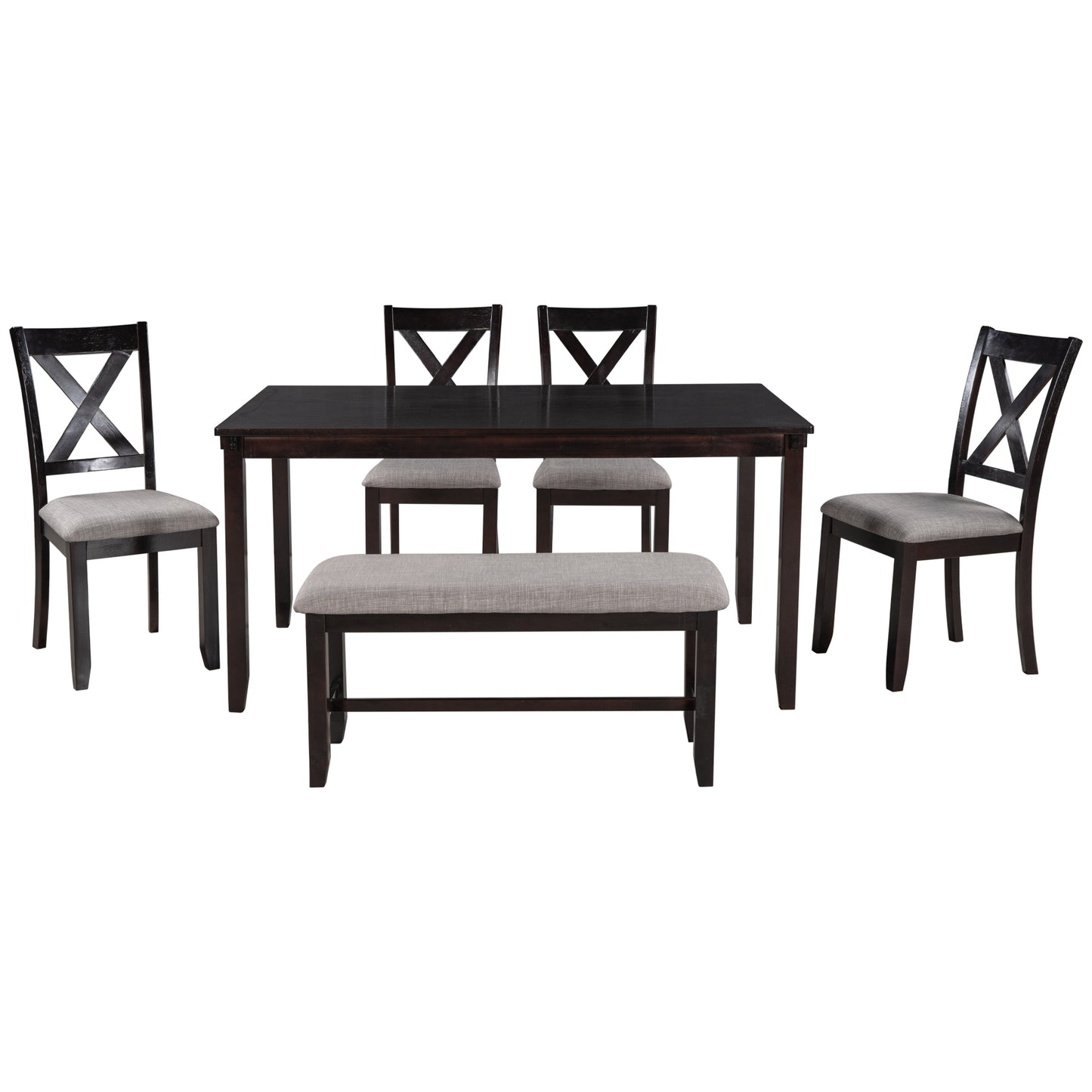 TREXM 6-Piece Kitchen Dining Table Set Wooden Rectangular Dining Table, 4 Fabric Chairs and Bench Family Furniture (Espresso)