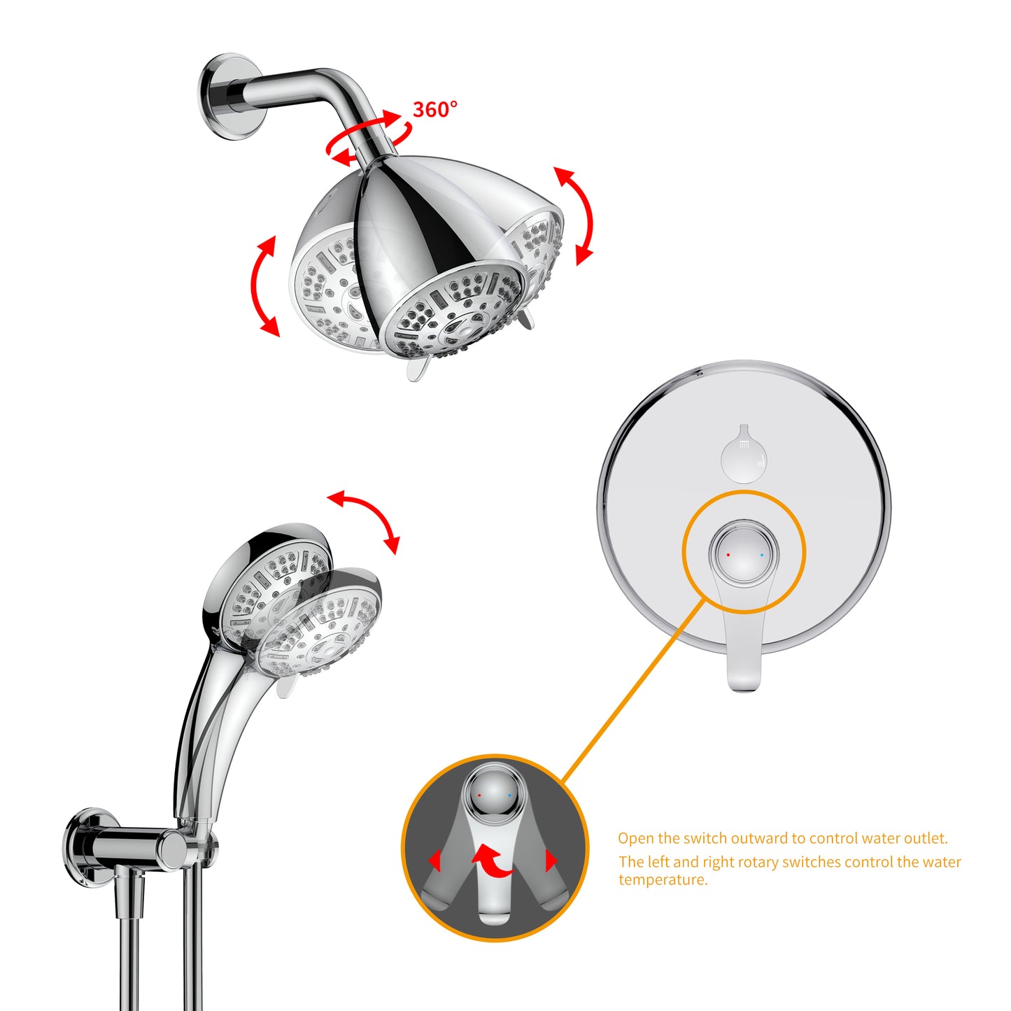 Large Amount of water Multi Function Shower Head - Shower System,  9-Function Hand Shower, Simple Style, Filter Shower, Chrome