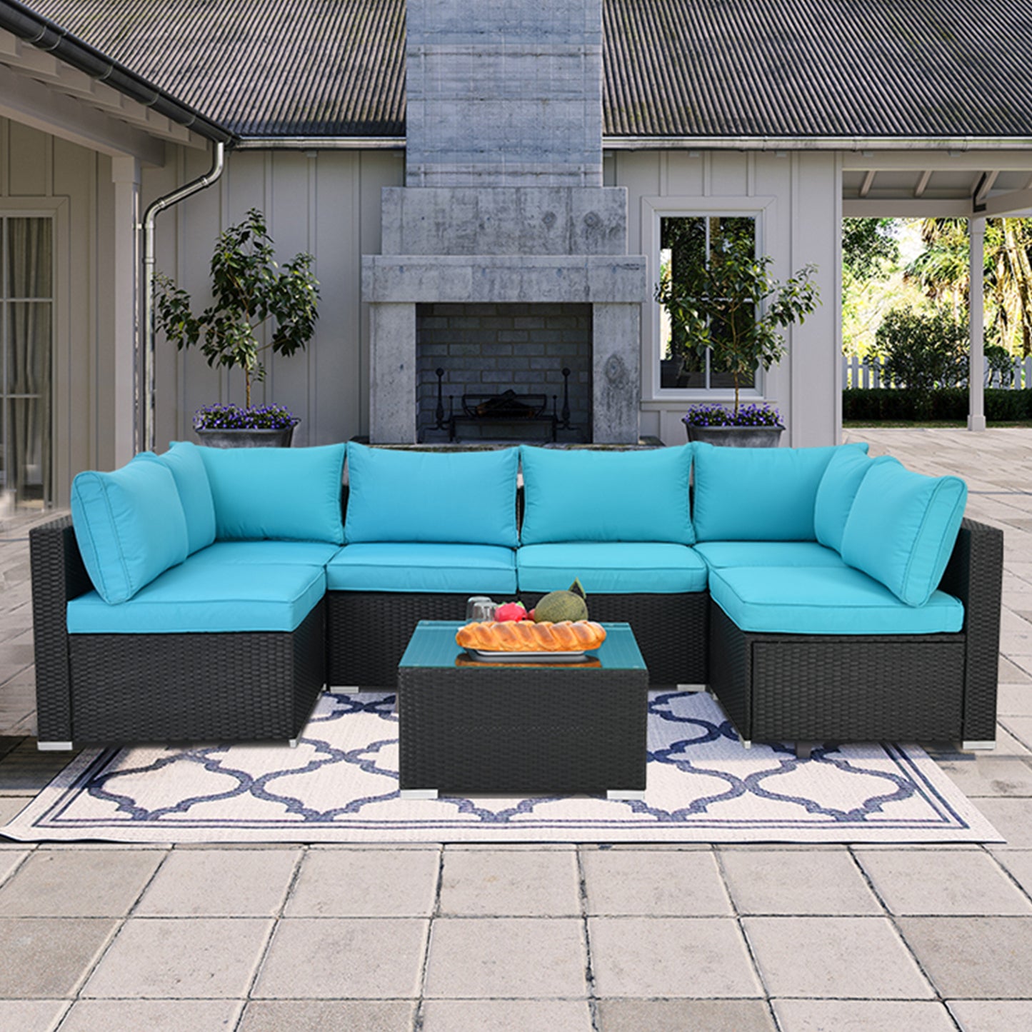 7 Pieces Patio Furniture Sets,Luxury Outdoor All Weather PE Rattan Wicker Lawn Conversation Sets,Garden Sofa Set w/Coffee Table and Couch Cushions for Backyard, Pool (Blue-7PCS)