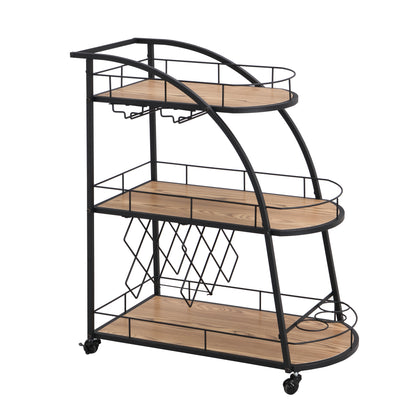 Black Industrial Mobile Bar Cart Serving Wine Cart with Wheels, 3-tier Metal Frame Elegant Wine Rack for Kitchen, Party, Dining Room and Living Room