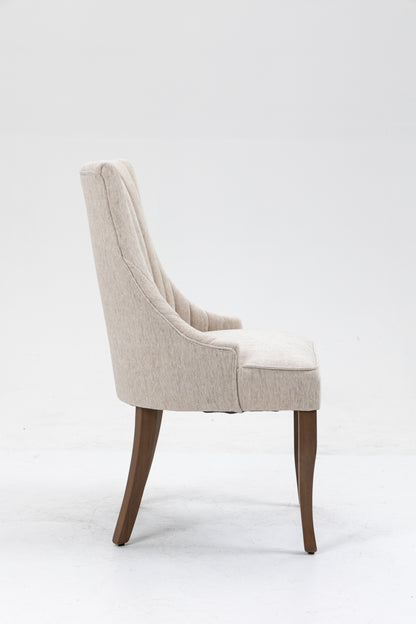 Exquisite Cream Linen Fabric Upholstered Strip Back Dining Chair with Solid Wood Legs 2 Pcs