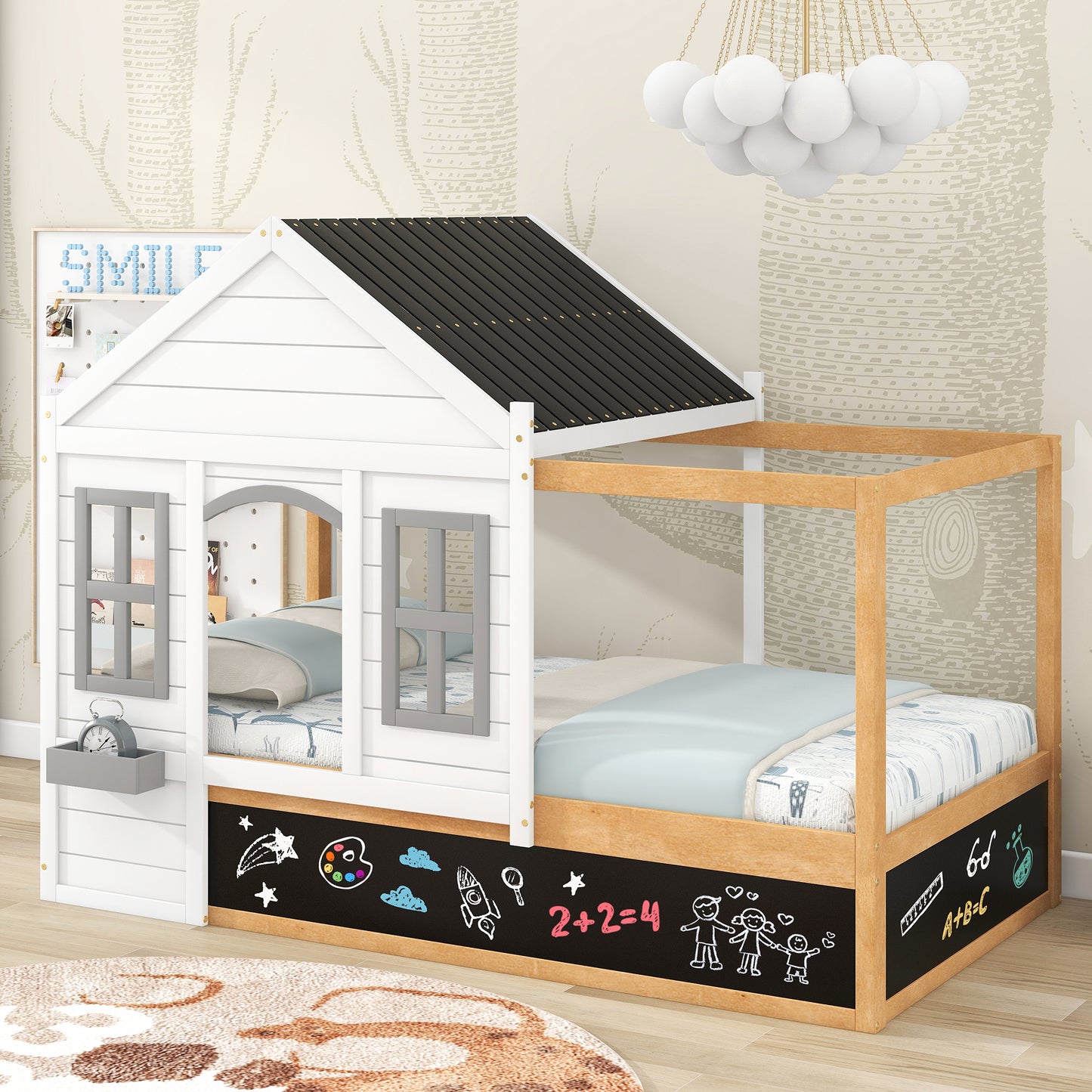 Twin Size House Shaped Canopy Bed with Black Roof and White Window,Blackboard and Little Shelf,White