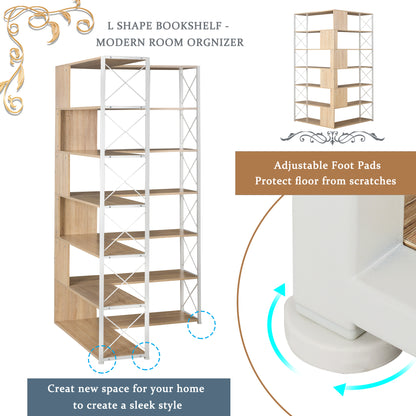 7-Tier Bookcase Home Office Bookshelf,  L-Shaped Corner Bookcase with Metal Frame, Industrial Style Shelf with Open Storage, MDF Board