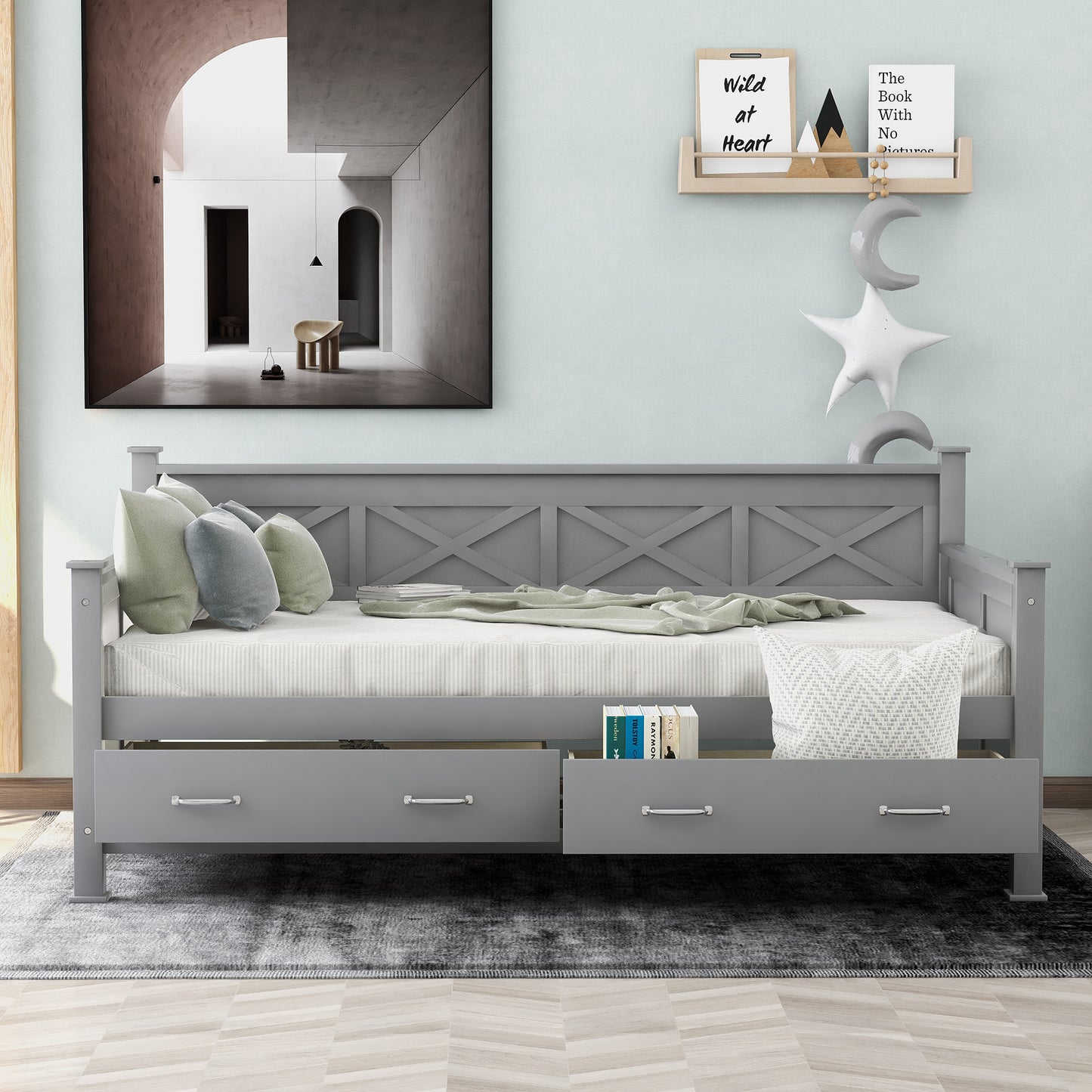 Twin Size Daybed with 2 Large Drawers, X-shaped Frame, Modern and Rustic Casual Style Daybed, Gray(New)