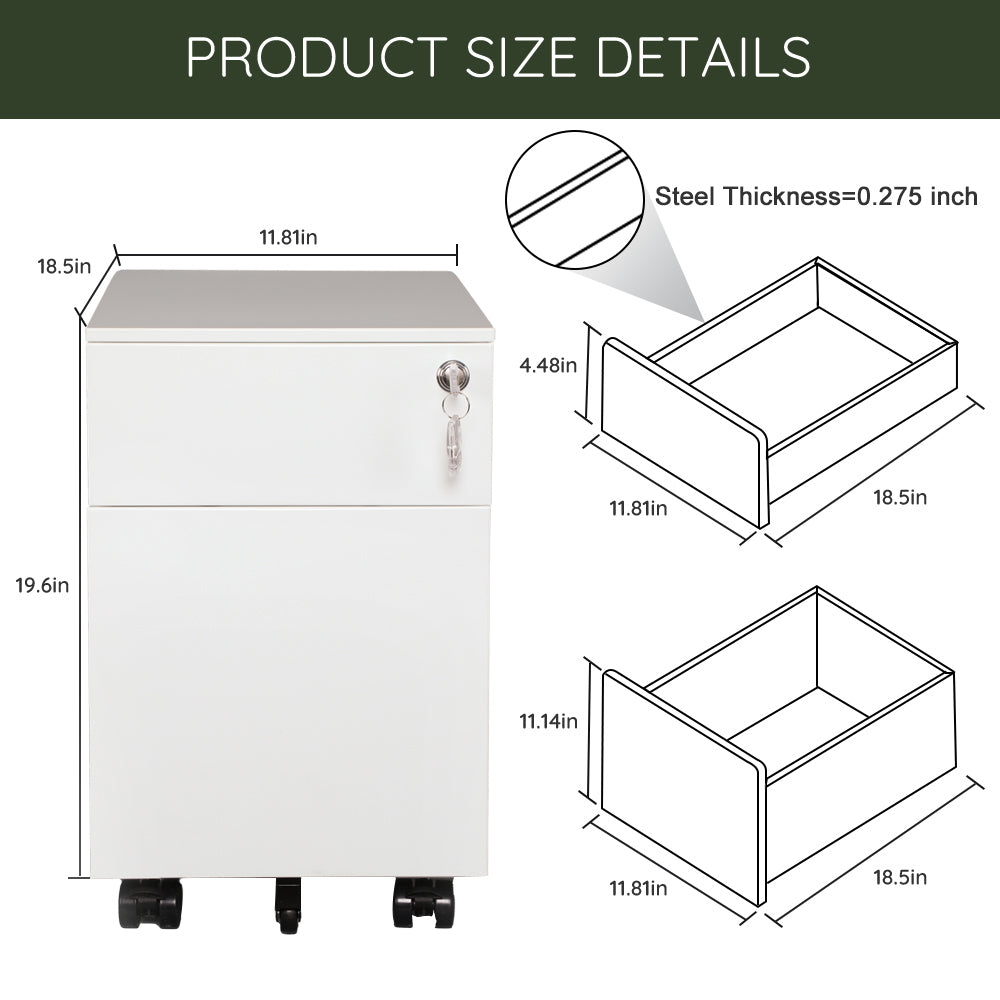 2 Drawer Mobile File Cabinet with Lock Metal Filing Cabinet for Legal/Letter/A4/F4 Size, Fully Assembled Include Wheels, Home/Office Design，White