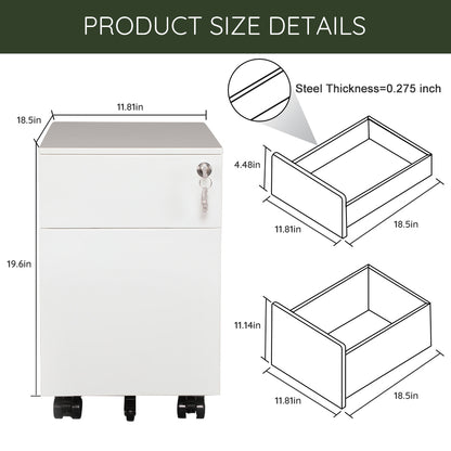 2 Drawer Mobile File Cabinet with Lock Metal Filing Cabinet for Legal/Letter/A4/F4 Size, Fully Assembled Include Wheels, Home/Office Design，White