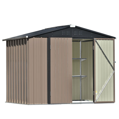 TOPMAX Patio 8ft x6ft Bike Shed Garden Shed, Metal Storage Shed with Adjustable Shelf and Lockable Doors, Tool Cabinet with Vents and Foundation Frame for Backyard, Lawn, Garden, Brown