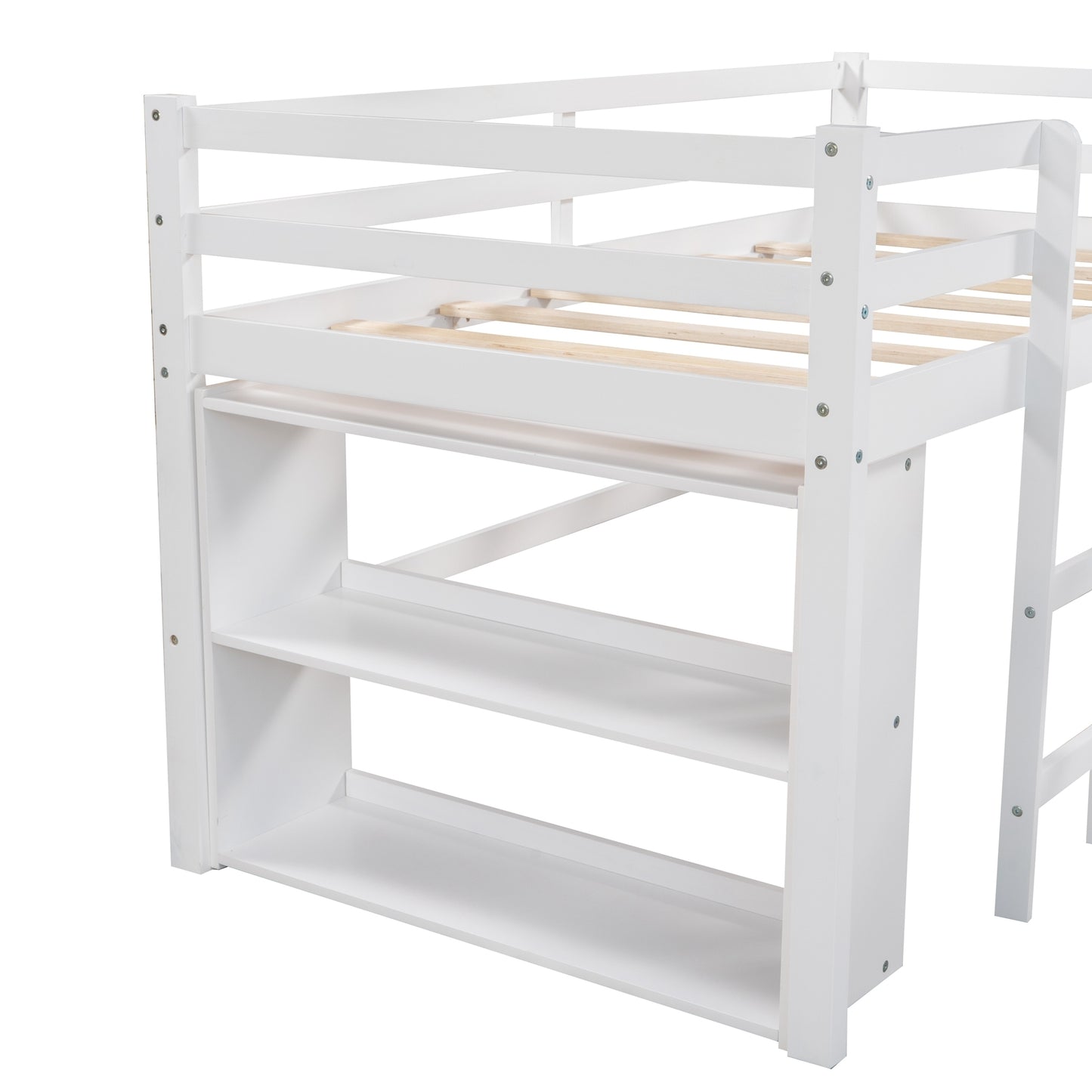 Twin Size L-Shaped Loft Bed with Movable Two-Tier Shelves and Slide,White