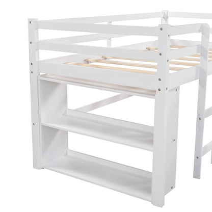 Twin Size L-Shaped Loft Bed with Movable Two-Tier Shelves and Slide,White