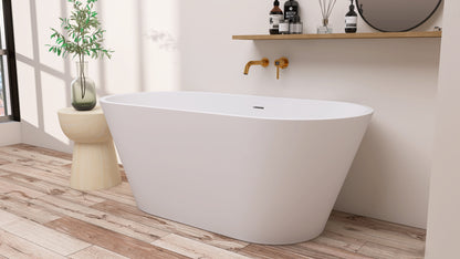 59" Acrylic Freestanding Bathtub, Gracefully Shaped Freestanding Soaking Bathtub with Brushed Nickel Drain & Minimalist Linear Design Overflow White