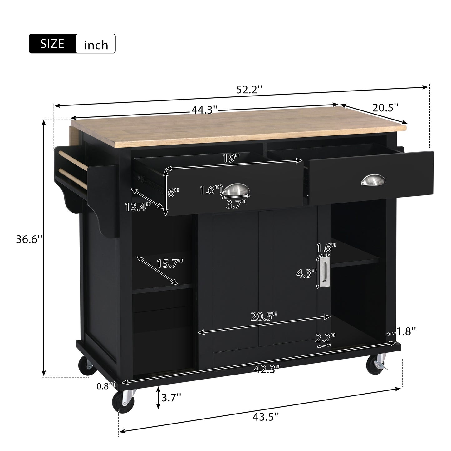 K&K Kitchen Cart with Rubber wood Drop-Leaf Countertop, Concealed sliding barn door adjustable height,Kitchen Island on 4 Wheels with Storage Cabinet and 2 Drawers,L52.2xW30.5xH36.6 inch, Black