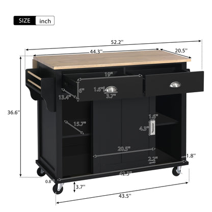 K&K Kitchen Cart with Rubber wood Drop-Leaf Countertop, Concealed sliding barn door adjustable height,Kitchen Island on 4 Wheels with Storage Cabinet and 2 Drawers,L52.2xW30.5xH36.6 inch, Black