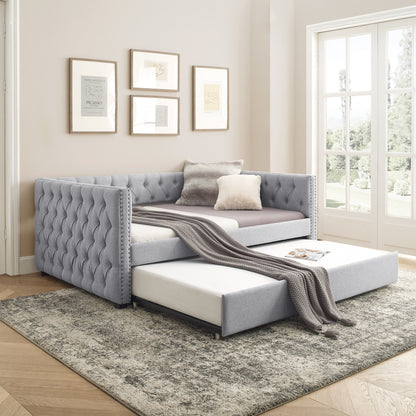 Daybed with Trundle Upholstered Tufted Sofa Bed, with Button and Copper Nail on Square Arms，Full Daybed & Twin Trundle, Grey（85“x57”x31.5“）