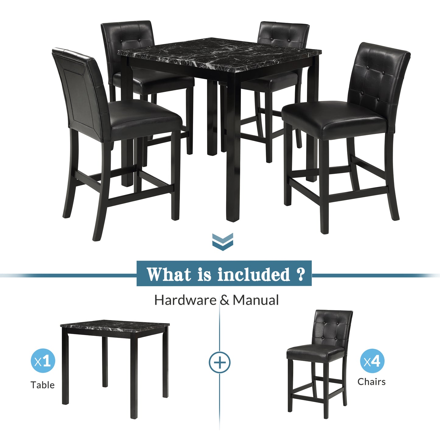 TOPMAX 5-Piece Kitchen Table Set Faux Marble Top Counter Height Dining Table Set with 4 PU Leather-Upholstered Chairs (Black)