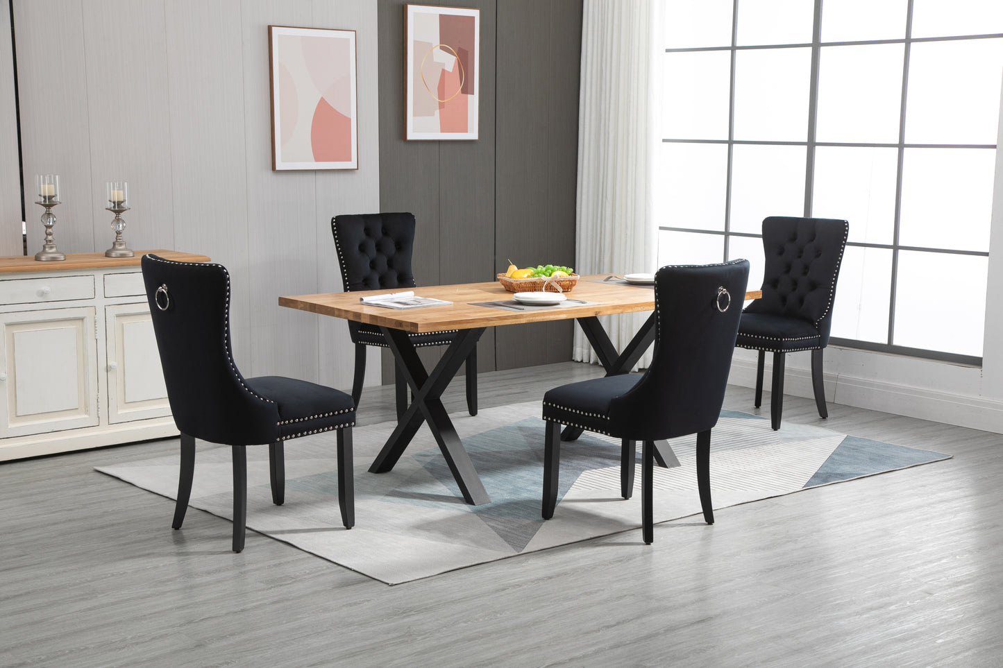 Upholstered Button Tufted Back Black Velvet Dining Chair with Nailhead Trim and Solid Wood Legs 2 Sets