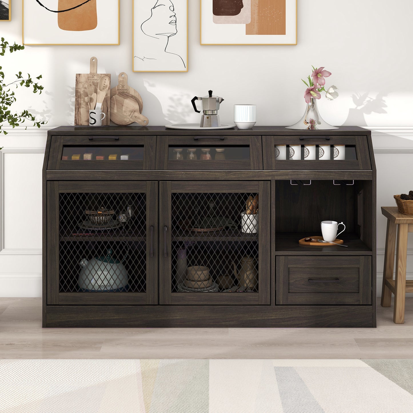 TREXM Kitchen Sideboard Multifunctional Buffet Cabinet with 4 Drawers, Mesh Metal Doors with Adjustable Shelves and Wineglass Holders (Espresso)