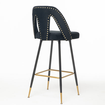 A&A Furniture,Akoya Collection Modern | Contemporary Velvet Upholstered Connor 28" Bar Stool & Counter Stools with Nailheads and Gold Tipped Black Metal Legs,Set of 2 (Black)