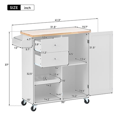 K&K Store Kitchen Cart with Spice Rack ,Towel Rack & Two Drawers,Rubber wood top,Kitchen Island with 4 Wheels for Dining Rooms Kitchens Living Rooms, White