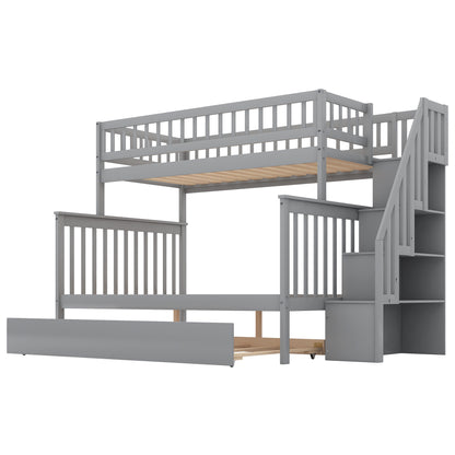 Twin over Full Bunk Bed with Trundle and Staircase,Gray