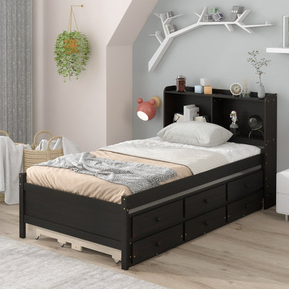 Twin Bed with Bookcase,Twin Trundle,Drawers,Espresso