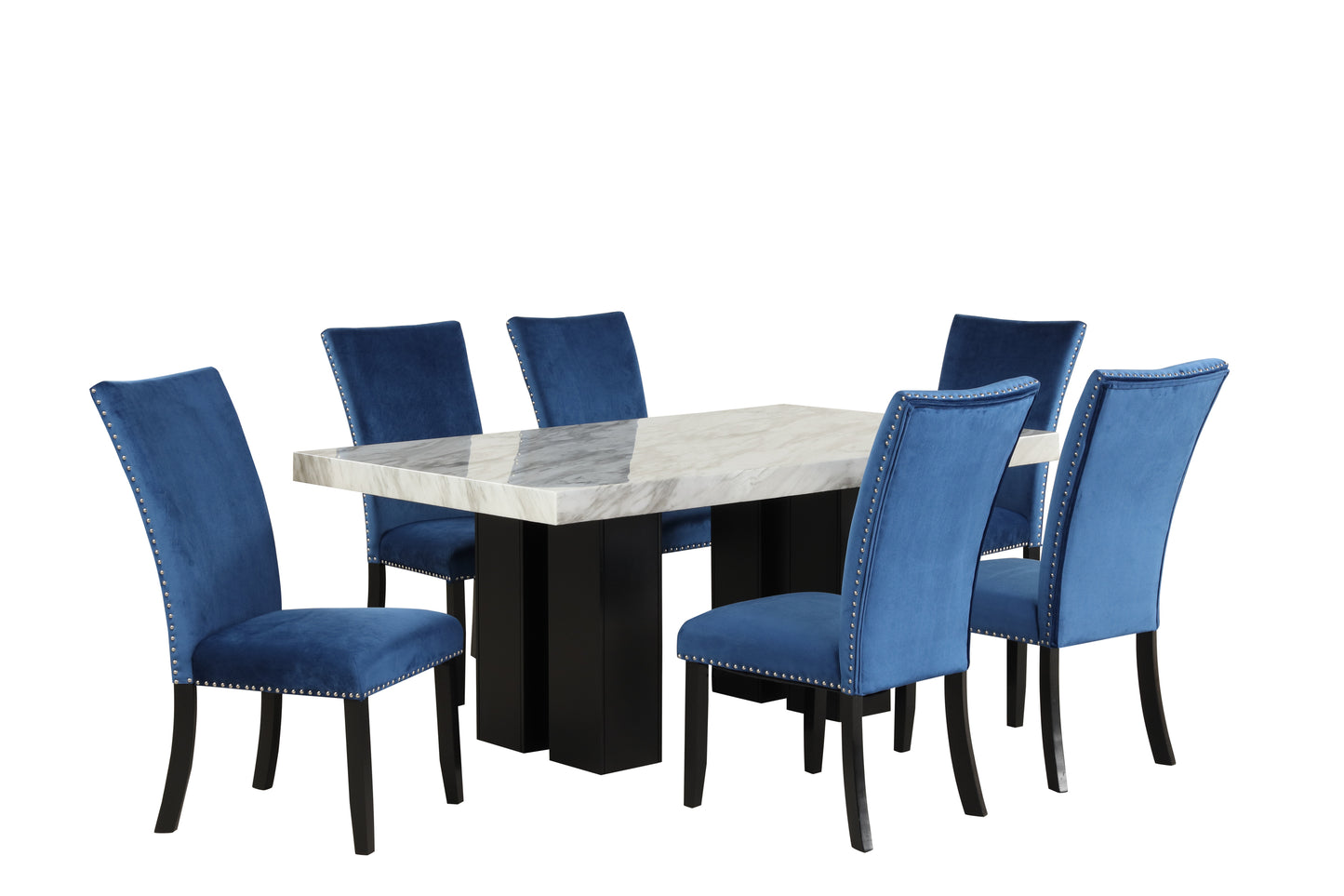 7-piece Dining Table Set with 1 Faux Marble Dining Rectangular Table and 6 Upholstered-Seat Chairs ,for Dining room and Living Room ,Blue