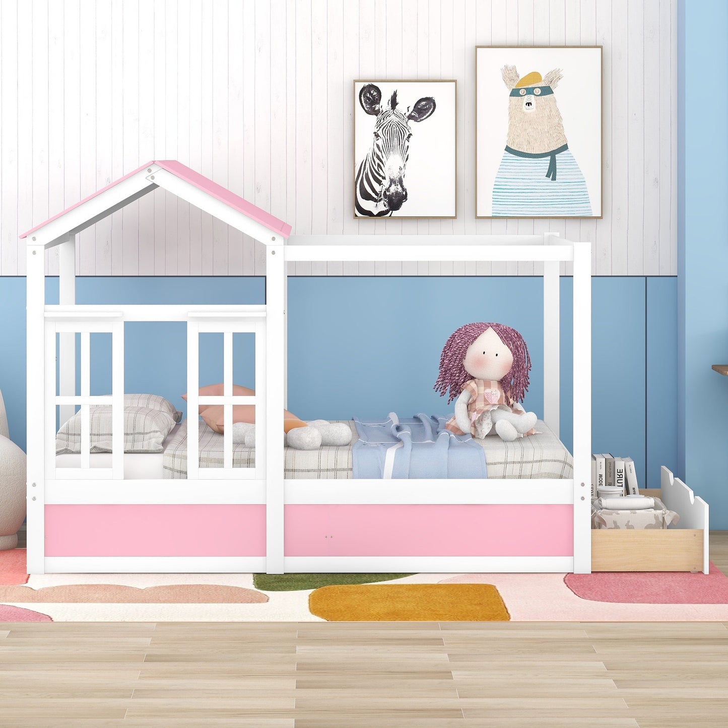 Full Size House Bed with Roof, Window and Drawer - Pink + White