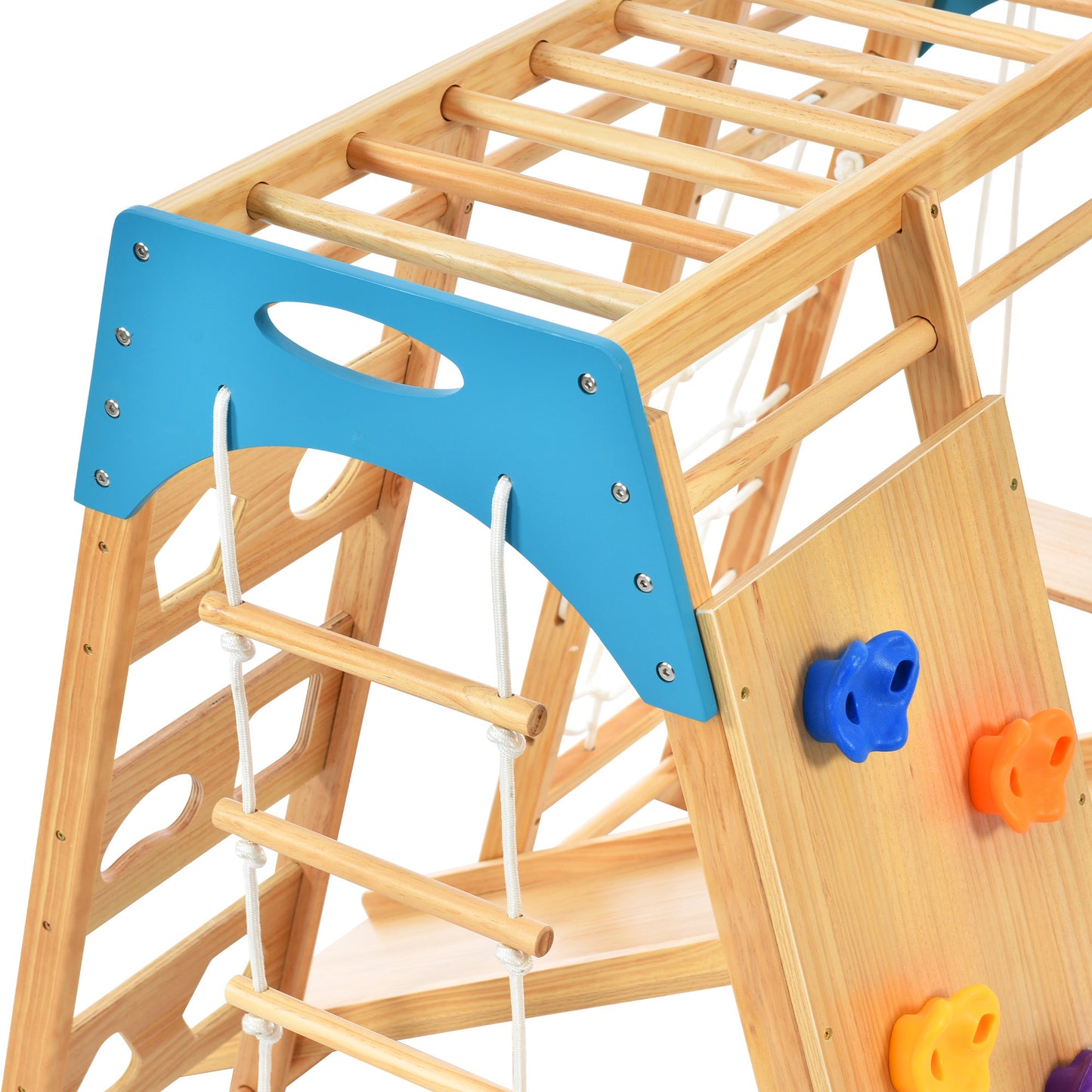 Wooden Indoor Kids Playground Jungle Gym with Slide, Toddlers Wooden Climber 8-in-1 Slide Playset, Wooden Rock Climbing Wall with Rope Wall Climb, Monkey Bars, and Swing for Kids