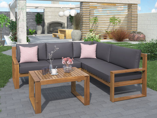 U_STYLE 3-Piece Patio Sectional Set  Acacia  Wood and Grey Cushions  Ideal for Outdoors and Indoors