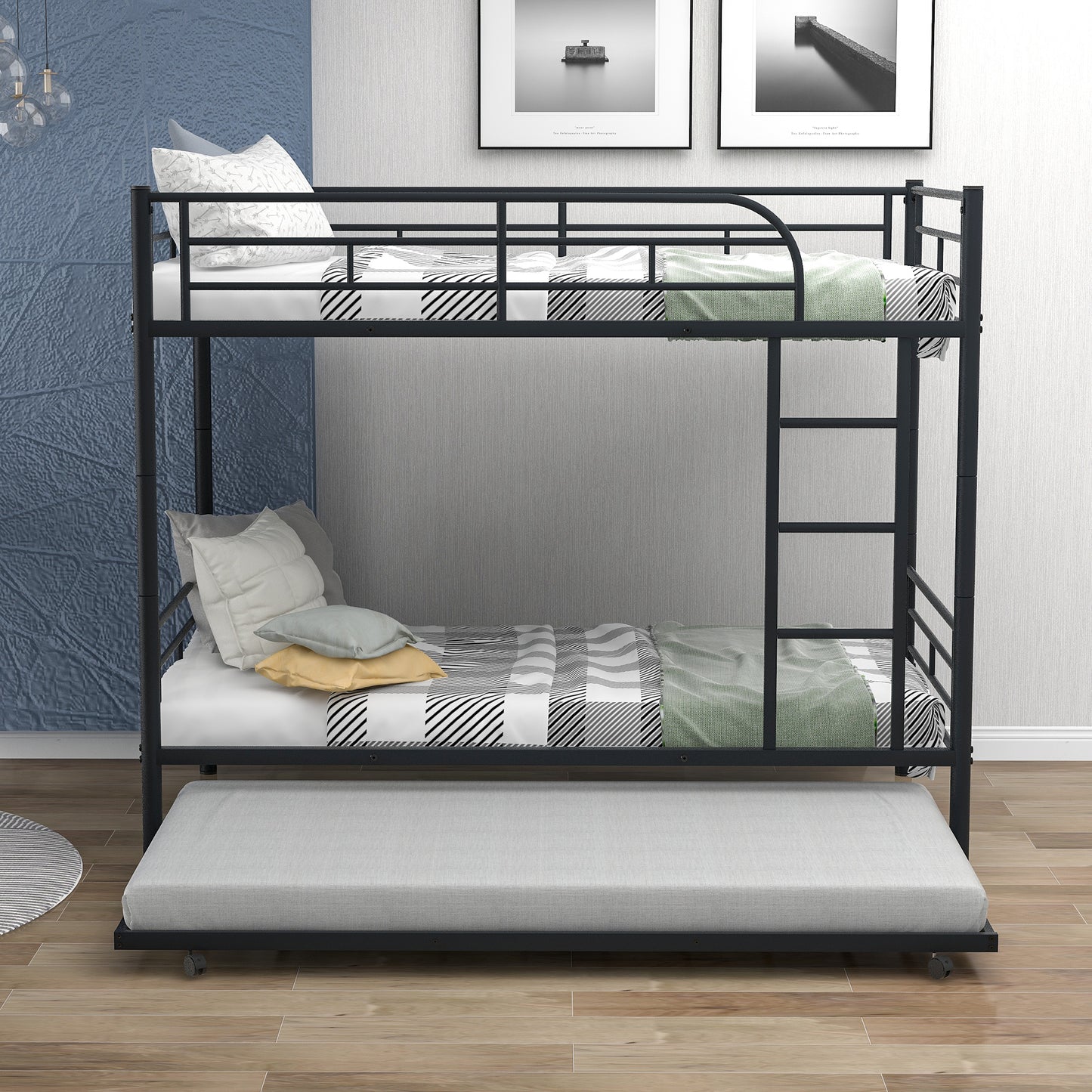 Twin-Over-Twin Metal Bunk Bed With Trundle,Can be Divided into two beds,No Box Spring needed ,Black ( old sku: MF194806AAB )