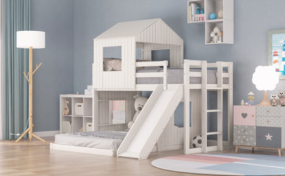 Wooden Twin Over Full Bunk Bed, Loft Bed with Playhouse, Farmhouse, Ladder, Slide and Guardrails, White(OLD SKU :LP000028AAK)