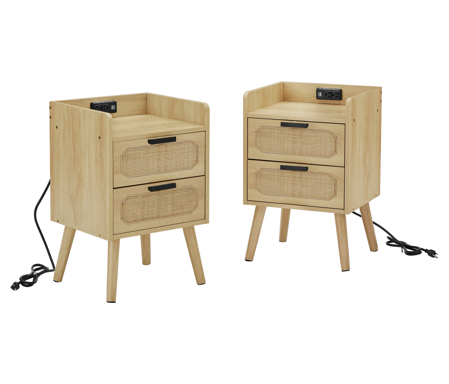 JHX Rattan nightstand with socket side table natural handmade rattan（2PC,Natural ,15.55’’W*13.78’’D*23.82’’H）