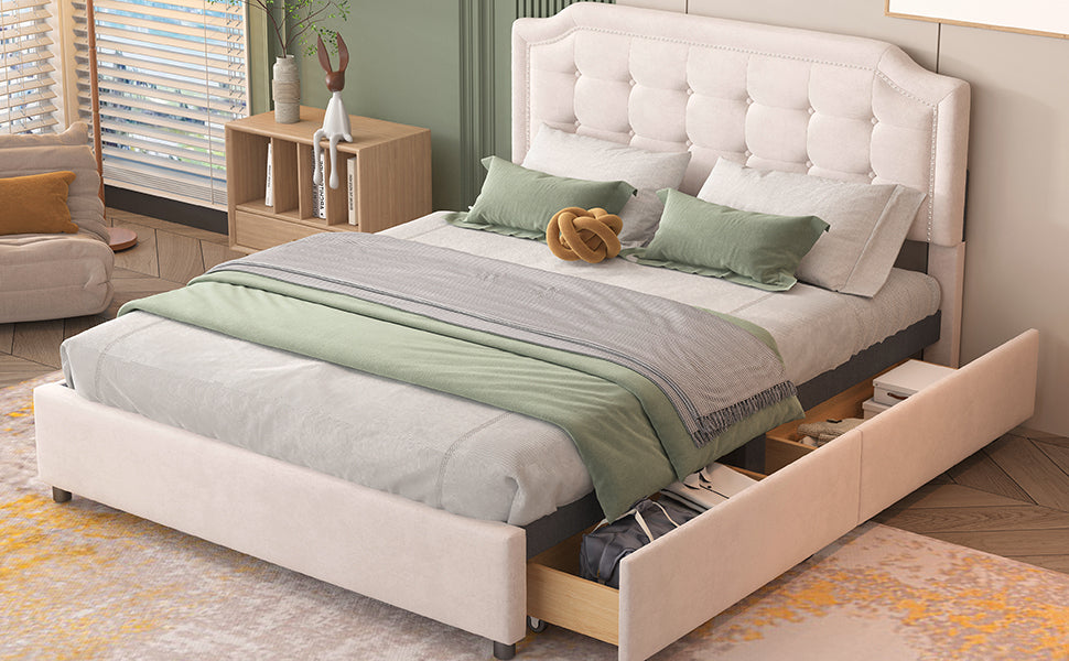 Upholstered Platform Bed with Classic Headboard and 4 Drawers, No Box Spring Needed, Velvet Fabric, Queen Size Beige