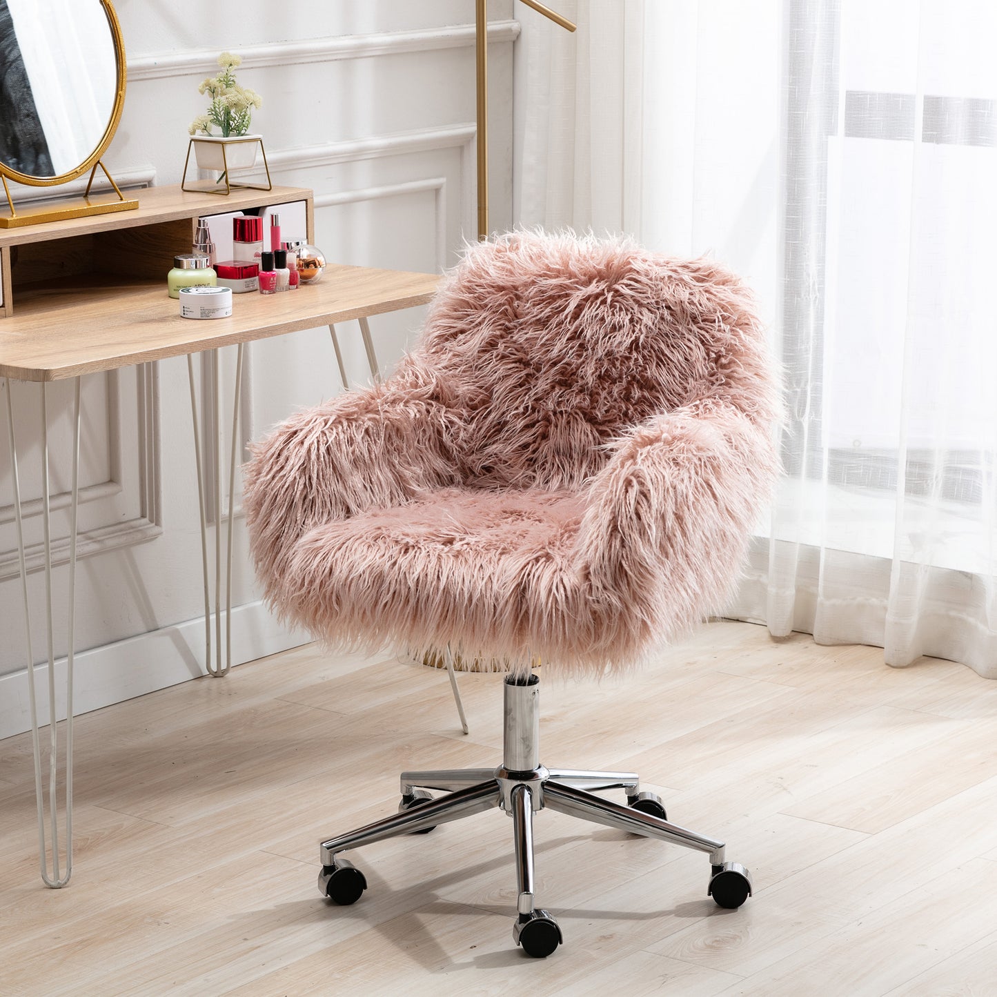 HengMing Modern Faux fur home  office chair, fluffy chair for girls, makeup vanity Chair