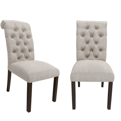 Fabric Upholstered Dining Chairs  In a Soft Beige Linen with Tufted Back And Solid Wood Legs, Set of 2