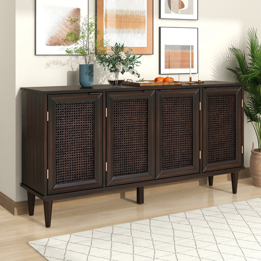 TREXM Large Storage Space Sideboard with Artificial Rattan Door and Unobtrusive Doorknob for Living Room and Entryway (Espresso)