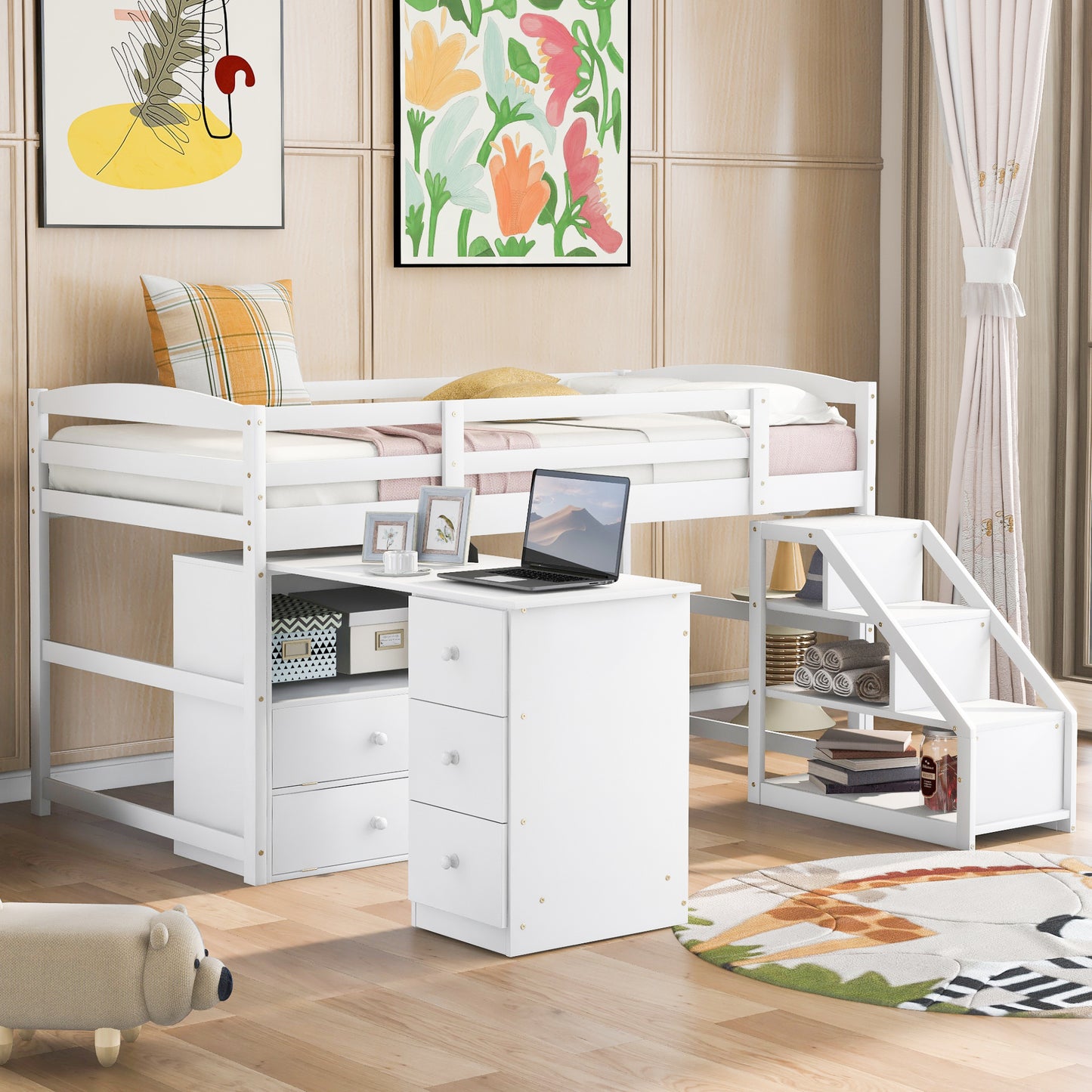 Twin Size Loft Bed with Multifunctional Movable Built-in Desk and and Staircase,White(OLD SKU:GX000925AAK)