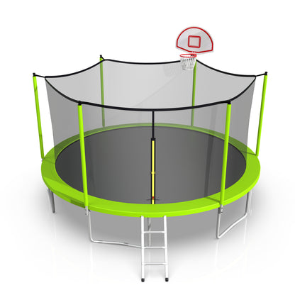 16ft Trampoline with Enclosure, New Upgraded Kids Outdoor Trampoline with Basketball Hoop and Ladder, Heavy-Duty Round Trampoline，Green