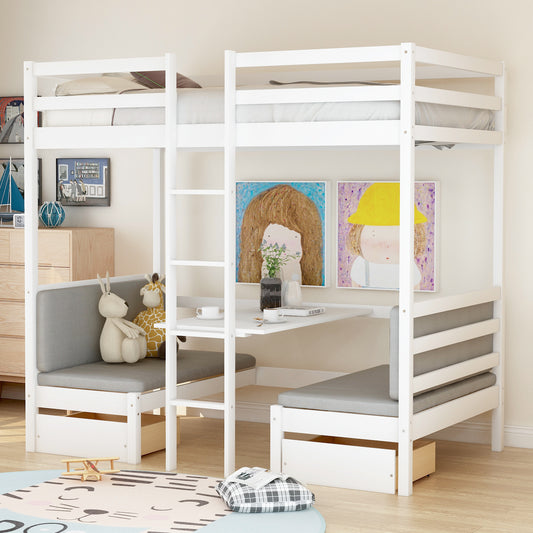 Functional Loft Bed (turn into upper bed and down desk，cushion sets are free),Twin Size,White