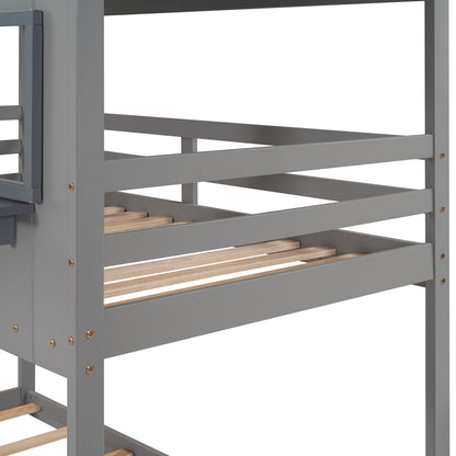 Twin Over Twin Bunk Bed Wood Bed with Roof, Window, Guardrail, Ladder (Gray)(OLD SKU :LP000045AAE)