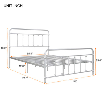 Full Size Metal Platform Bed with Headboard and Footboard, Iron Bed Frame for Bedroom, No Box Spring Needed ，Silver