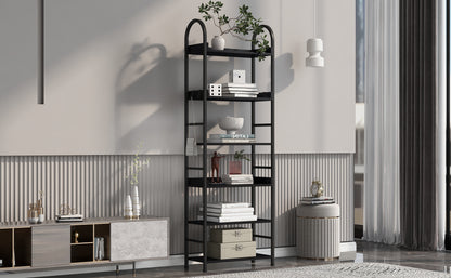 70.8 Inch Tall Bookshelf, 6-tier Shelves with Round Top Frame, MDF Boards, Adjustable Foot Pads, Black