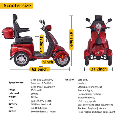 Fastest Mobility Scooter With Four Wheels For Adults & Seniors, Red