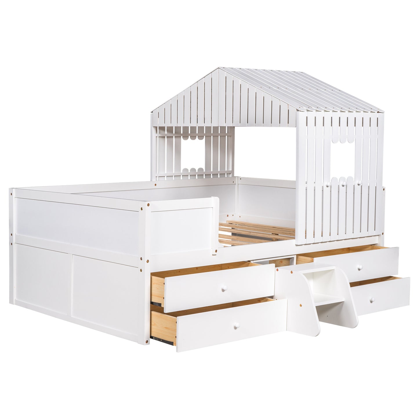 Full Size House Low Loft Bed with Four Drawers,White