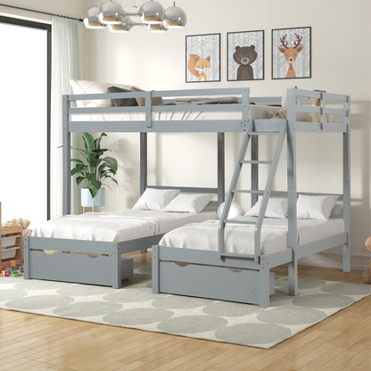 Solid Wood Full over  Twin & Twin Bunk Bed with 3 Storage Drawers, Grey (96.8”x79”x68.3”)