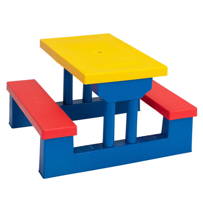 Kids Picnic Table with Removable Umbrella, Indoors and Outdoors Table and Bench Set for Toddlers, Garden Backyard, Red Yellow and Blue