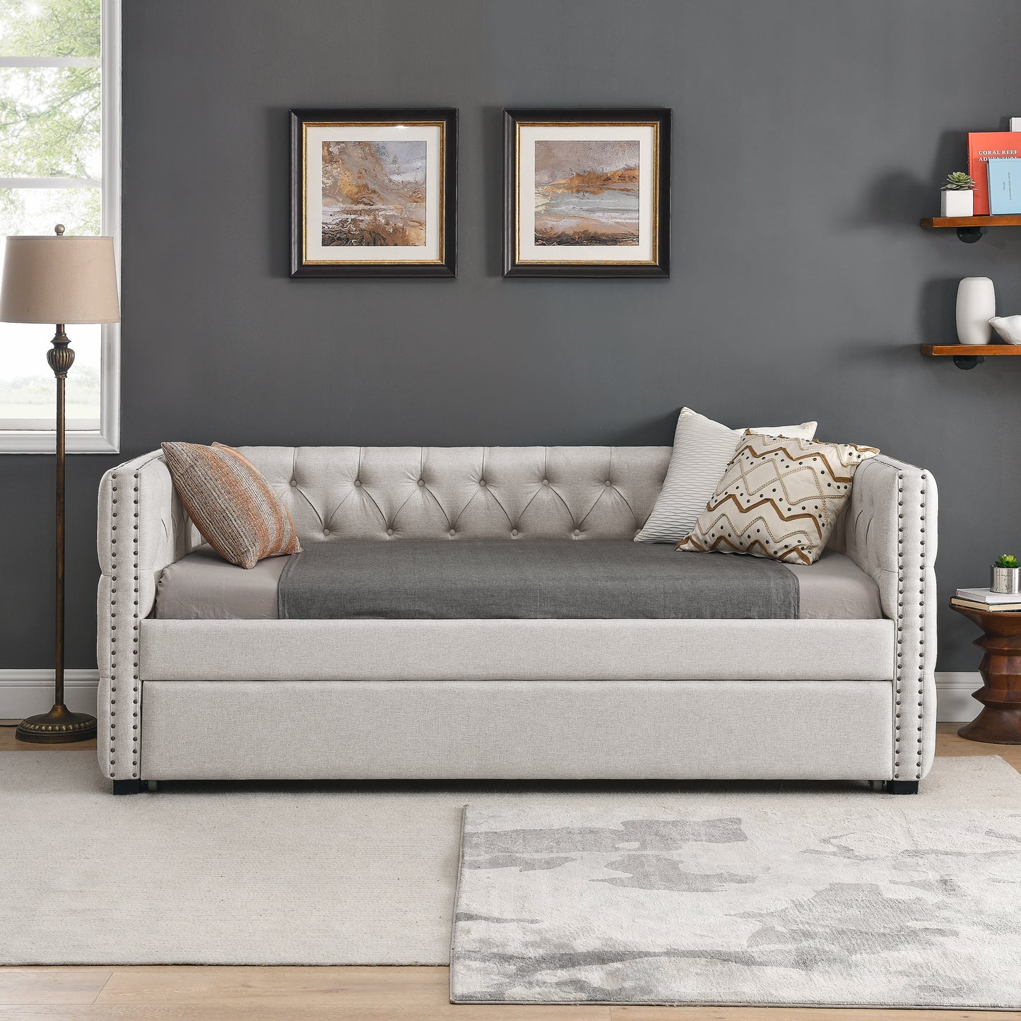 Daybed with Trundle Upholstered Tufted Sofa Bed, with Button and Copper Nail on Square Arms，both Twin Size, Beige（86“x42.5”x33.5“）