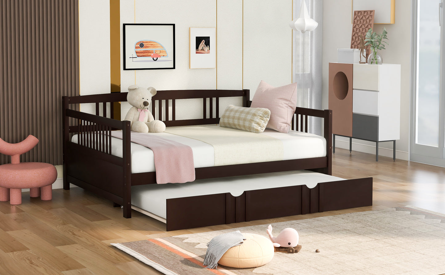 Full Size Daybed Wood Bed with Twin Size Trundle,Espresso